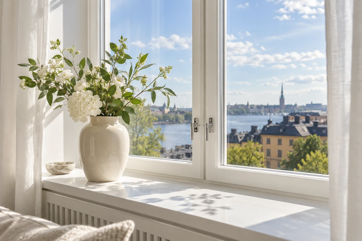 Fönsterbänk med blomvas och vita gardiner