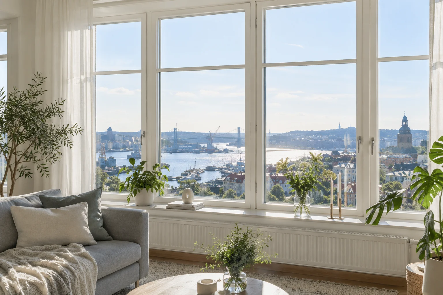 Ljust vardagsrum med stora rena fönster