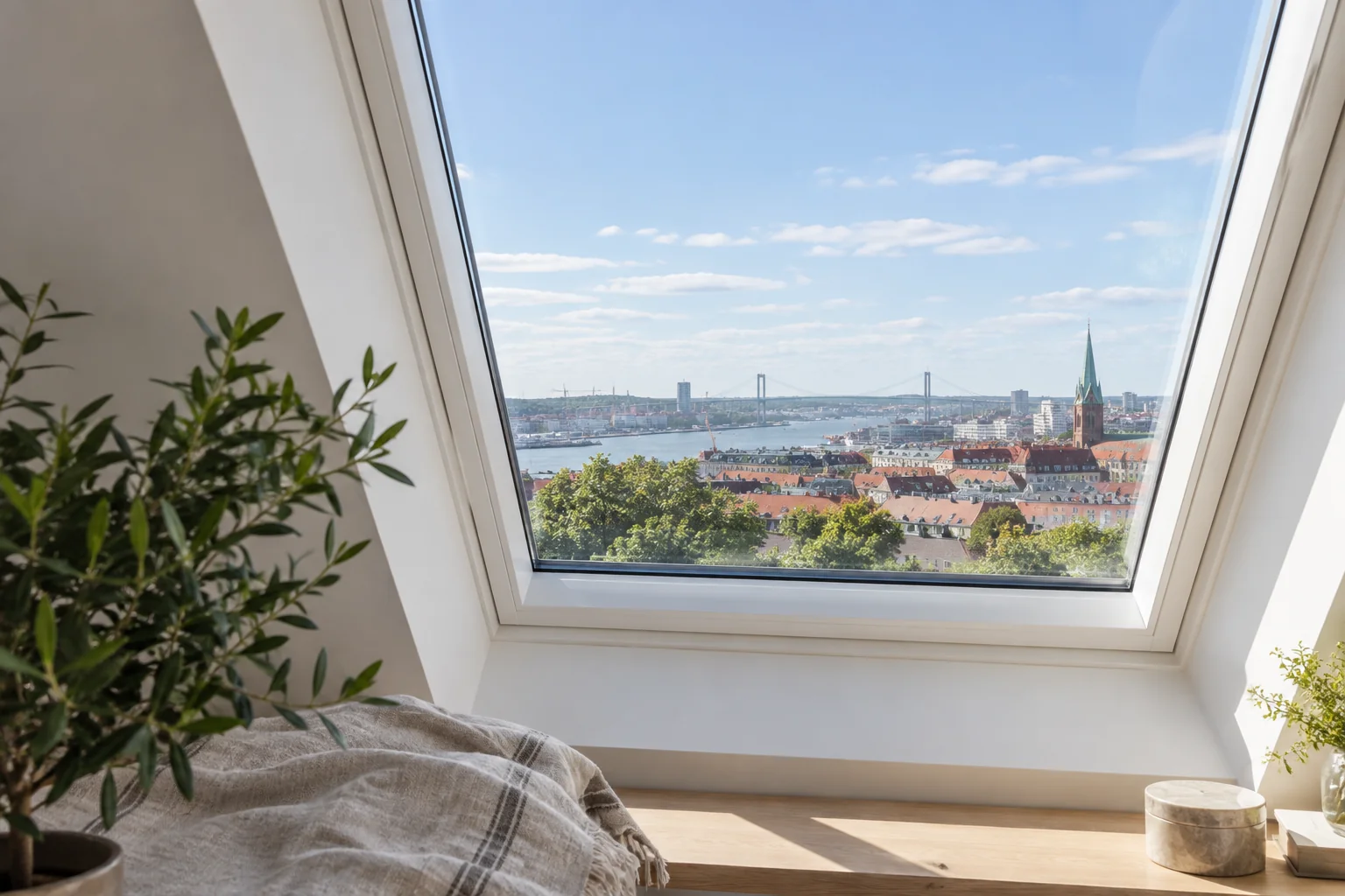 Takfönster med fri utsikt över staden