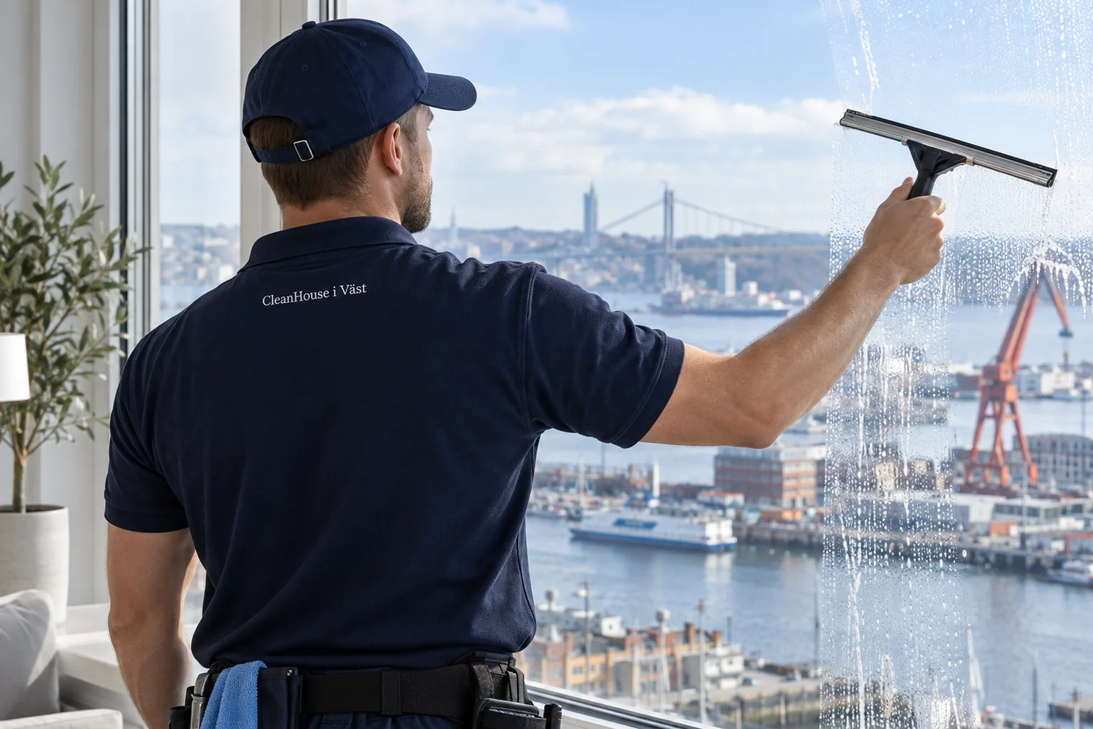 Fönsterputs med skrapa på insidan av ett fönster