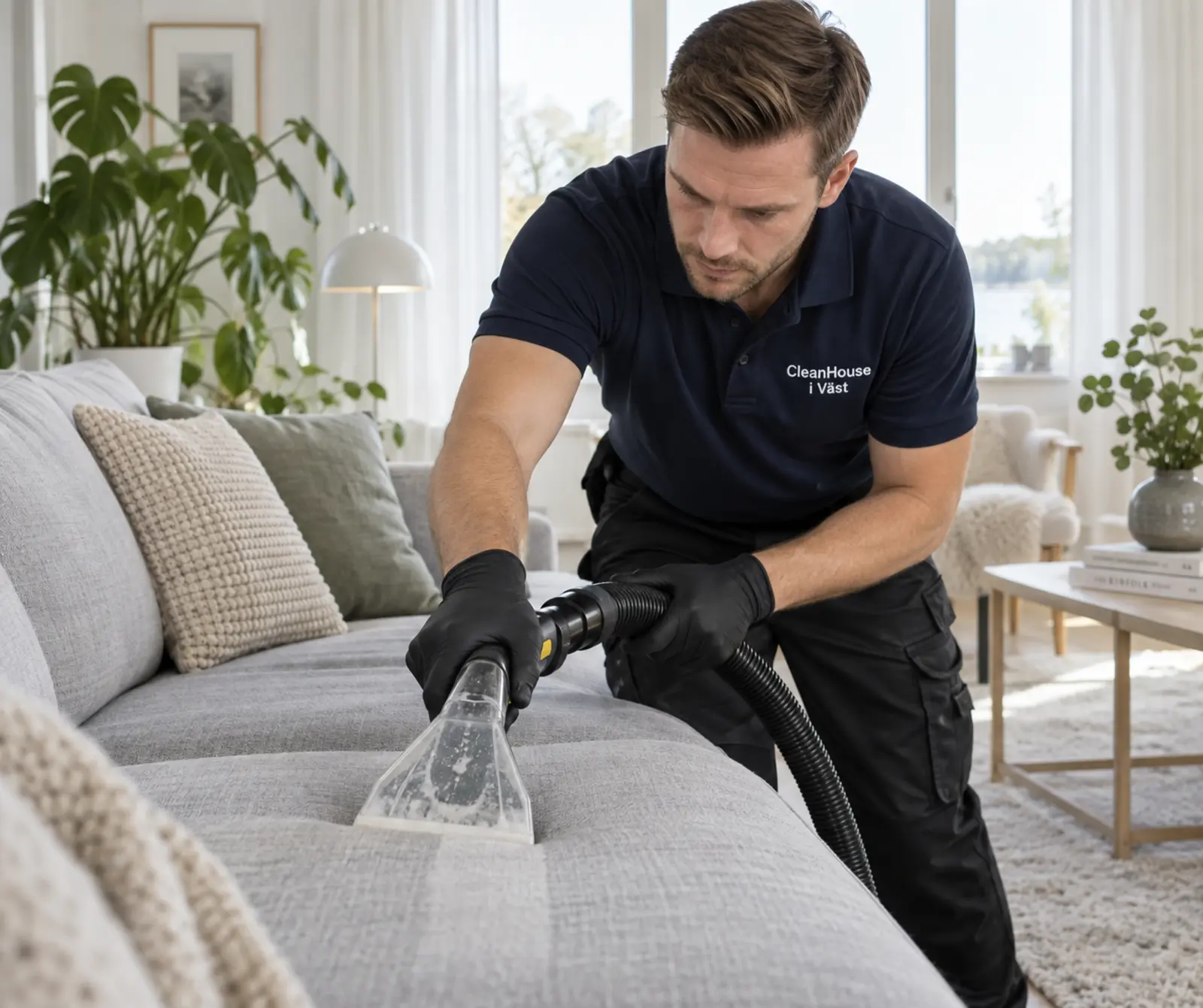 Professionell extraktionstvätt av en grå soffa