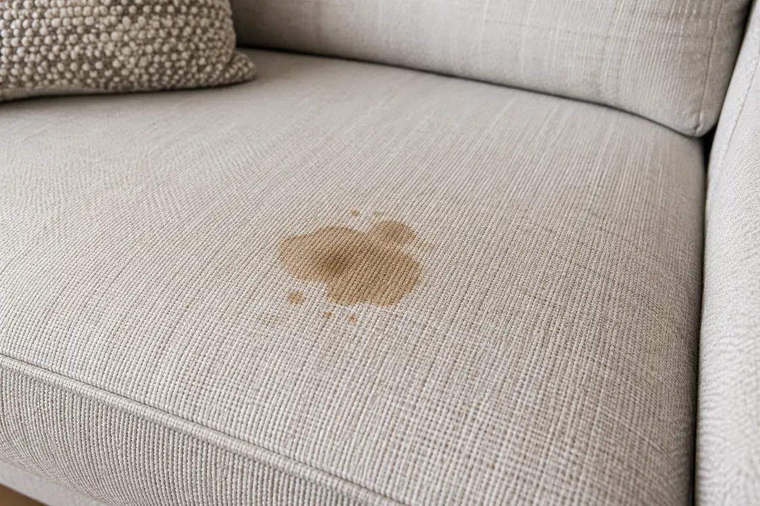 Kaffefläck på ljus textil före behandling