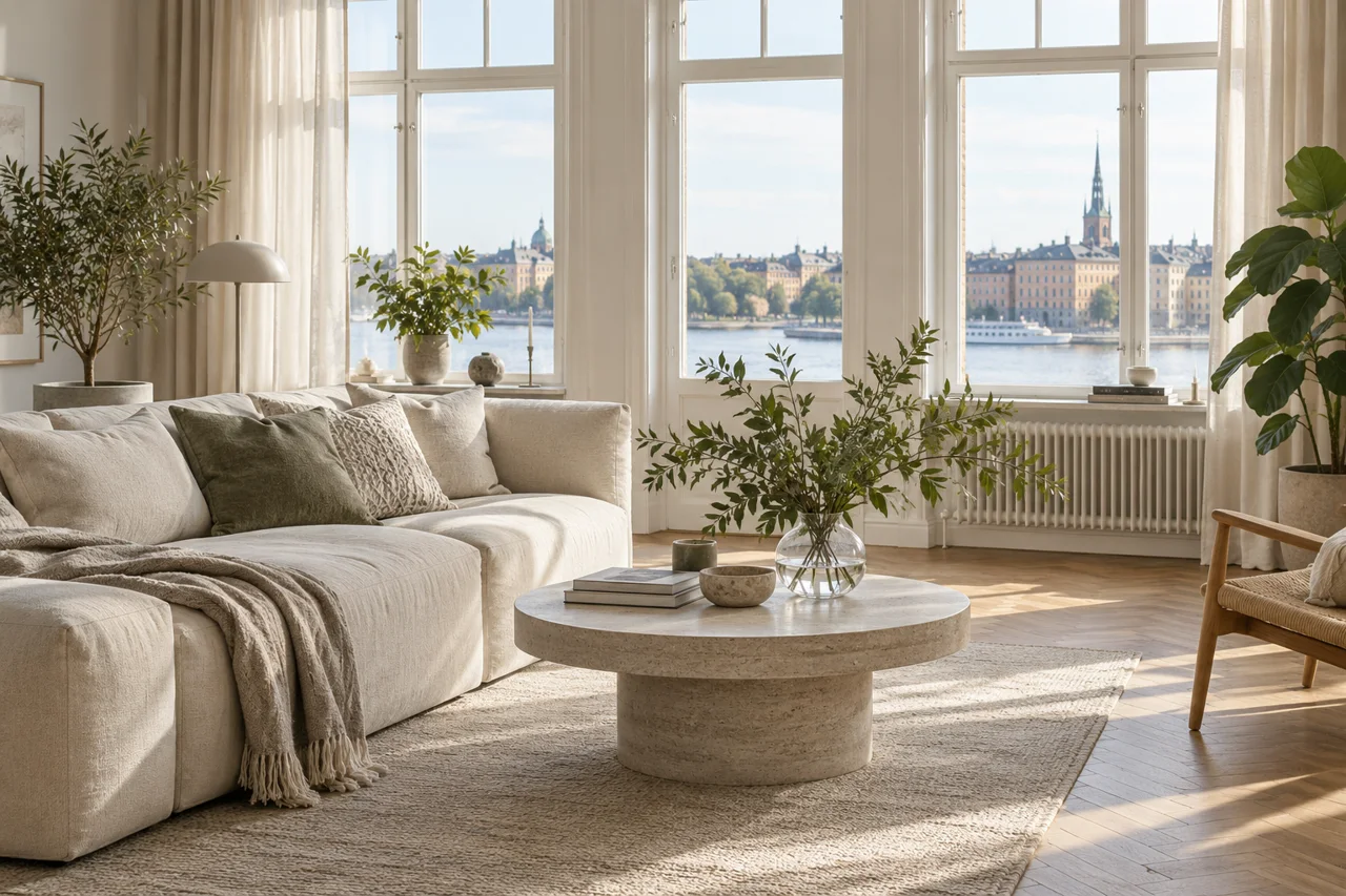 Illustration av ett ljust vardagsrum inför visning